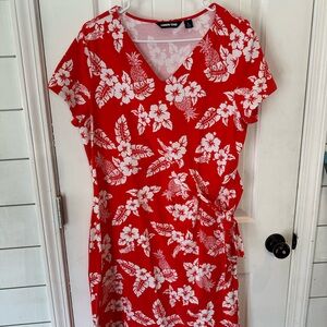 Lands' End Vibrant Red Dress with White Floral Design
